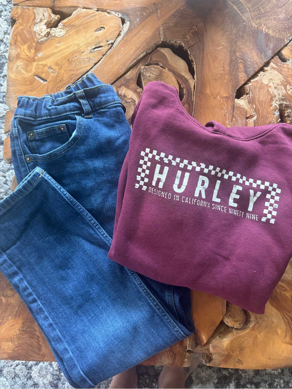 Hurley Maroon hoodie with Jeans